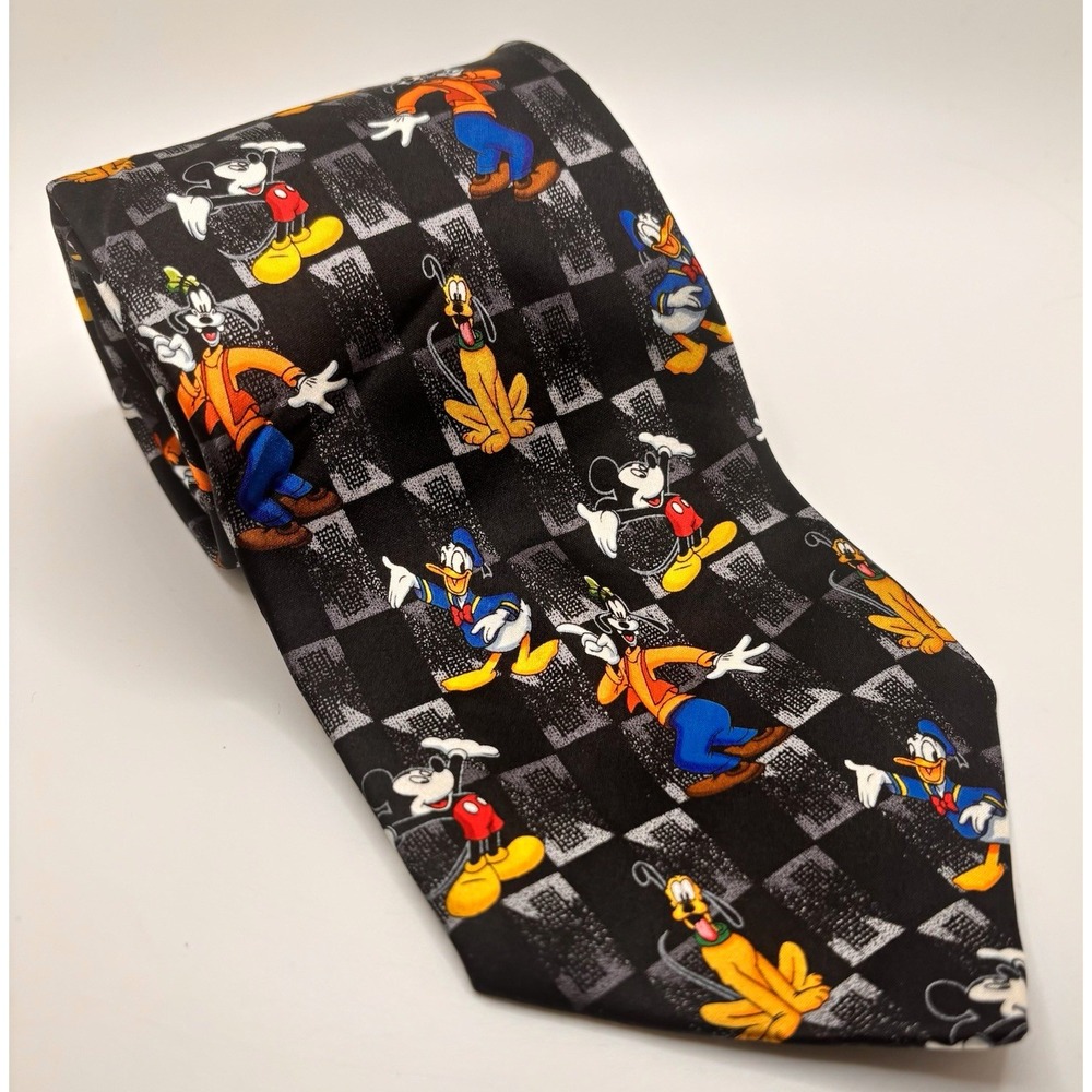 Vintage Mickey Unlimited Disney Silk Necktie Mickey Donald Goofy Pluto Checkered